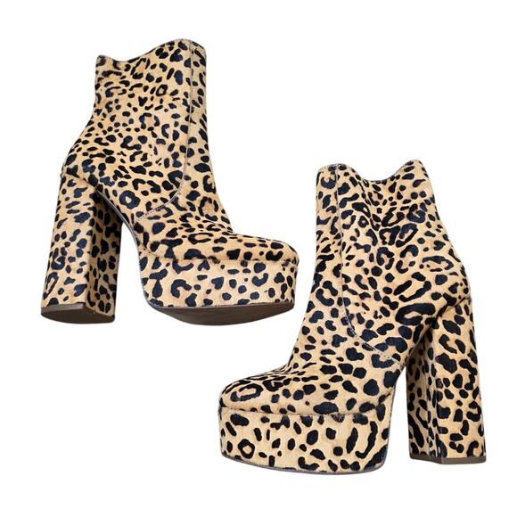 Steve Madden Cheetah Print Leather Calf Hair Platform Bang Booties sz 7.5M Party - Picture 1 of 10